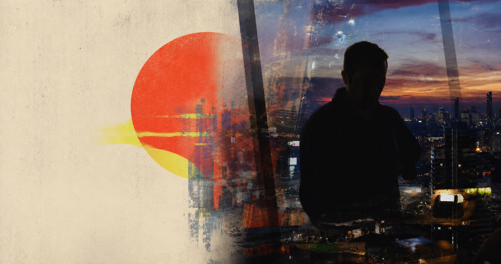 Mirarii overlooking Bangkok at dusk, layered with psychedelic artwork